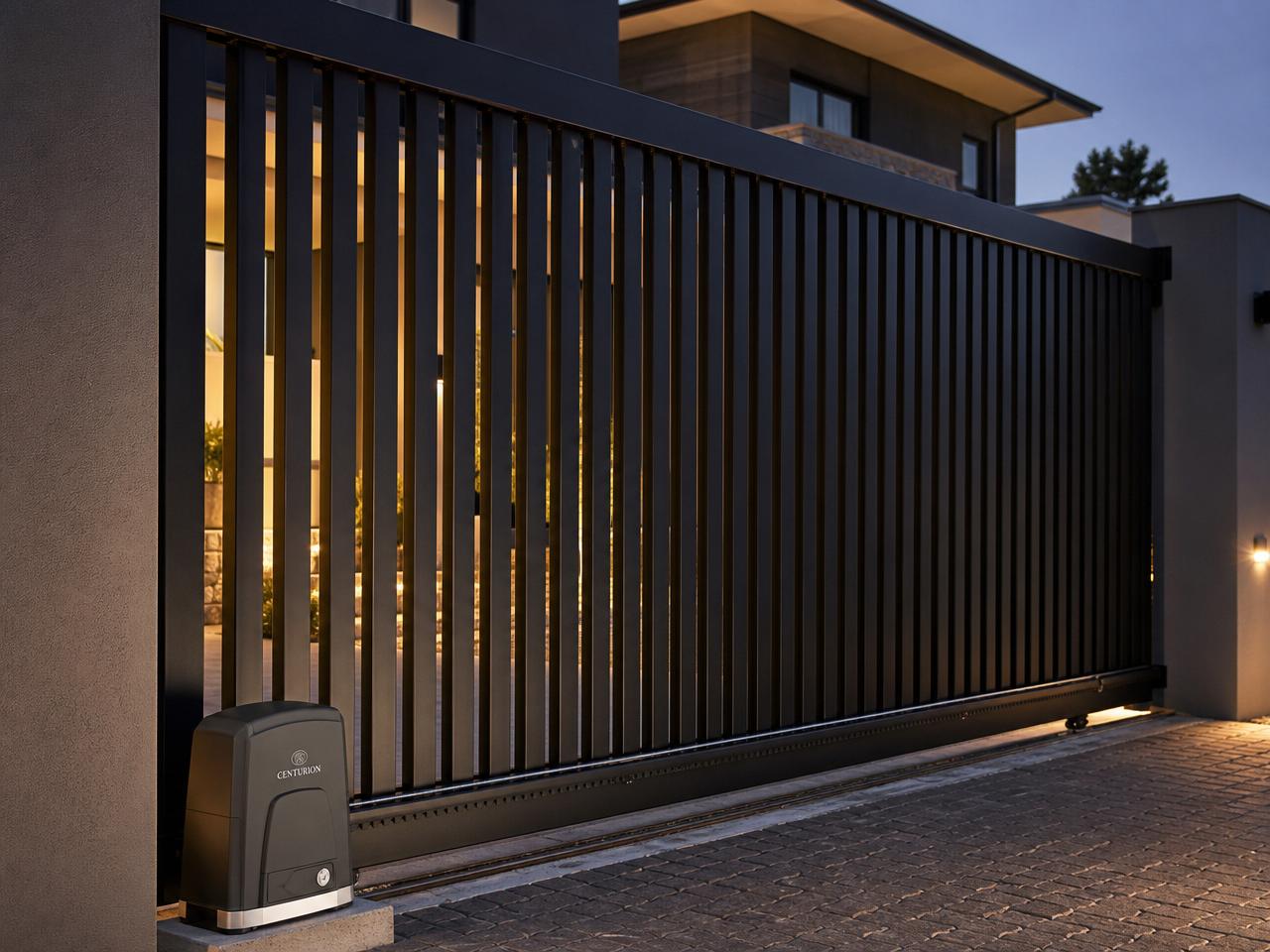 Modern black steel sliding driveway gate with Centurion gate motor at a Sandton home