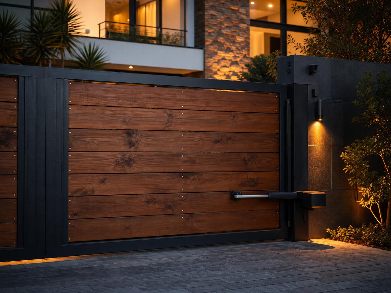 Contemporary wooden swing driveway gate with hydraulic gate motor arm at a luxury home